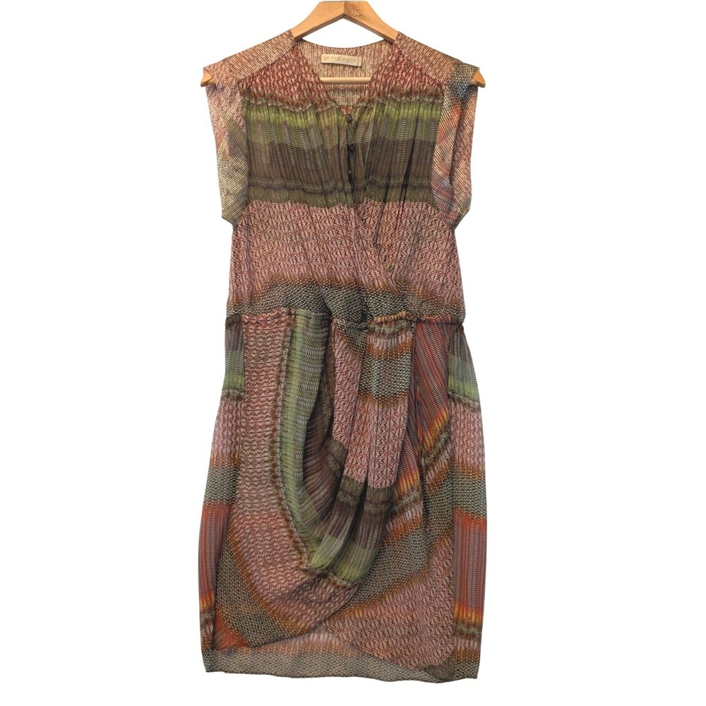 Of Two Minds Silk Blend Metallic Geometric Draped Wrap Midi Dress Green Small